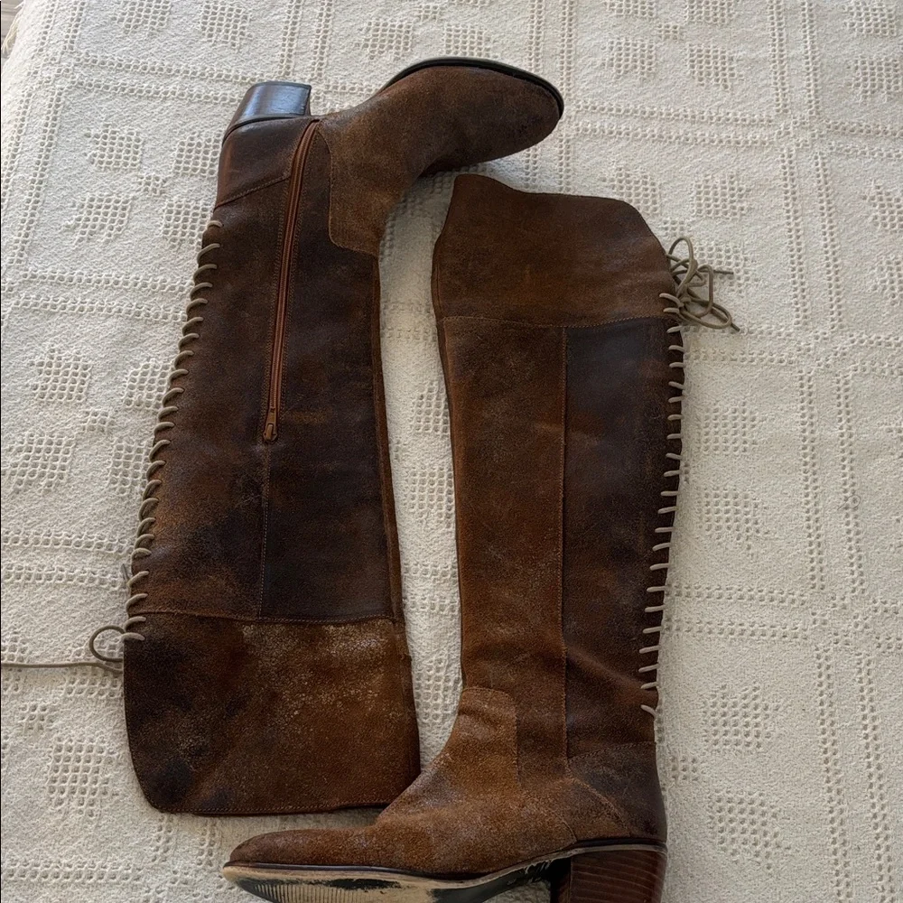 Diba True Sunset Sail Brown Leather‎ Over the Knee Distressed Boots Size 8.5